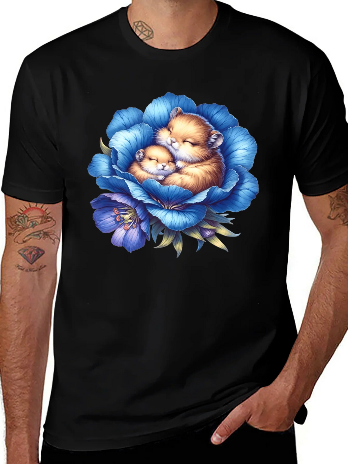 Cute Hamsters in Blue Flower Graphic T-Shirt product image 1