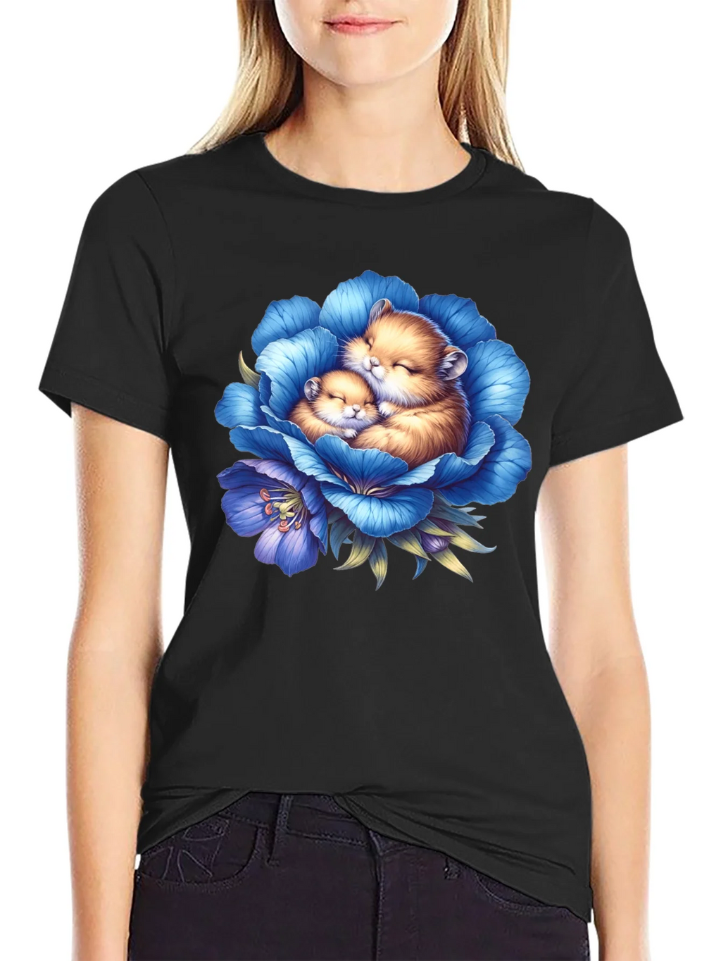 Cute Hamsters in Blue Flower Graphic T-Shirt product image 2