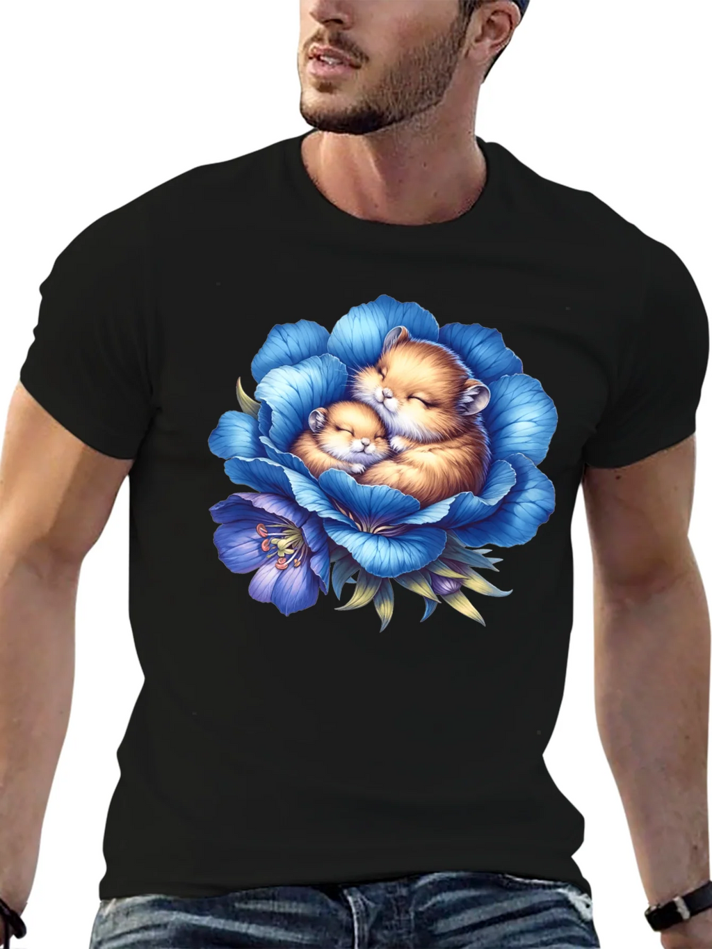 Cute Hamsters in Blue Flower Graphic T-Shirt product image 6