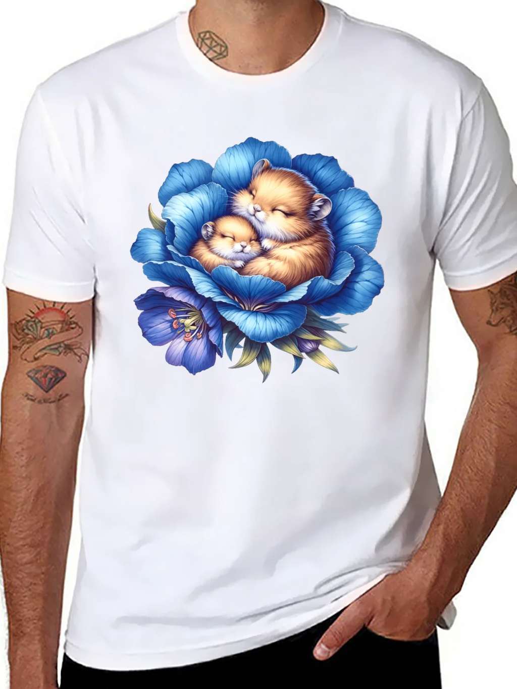 Cute Hamsters in Blue Flower Graphic T-Shirt product image 7
