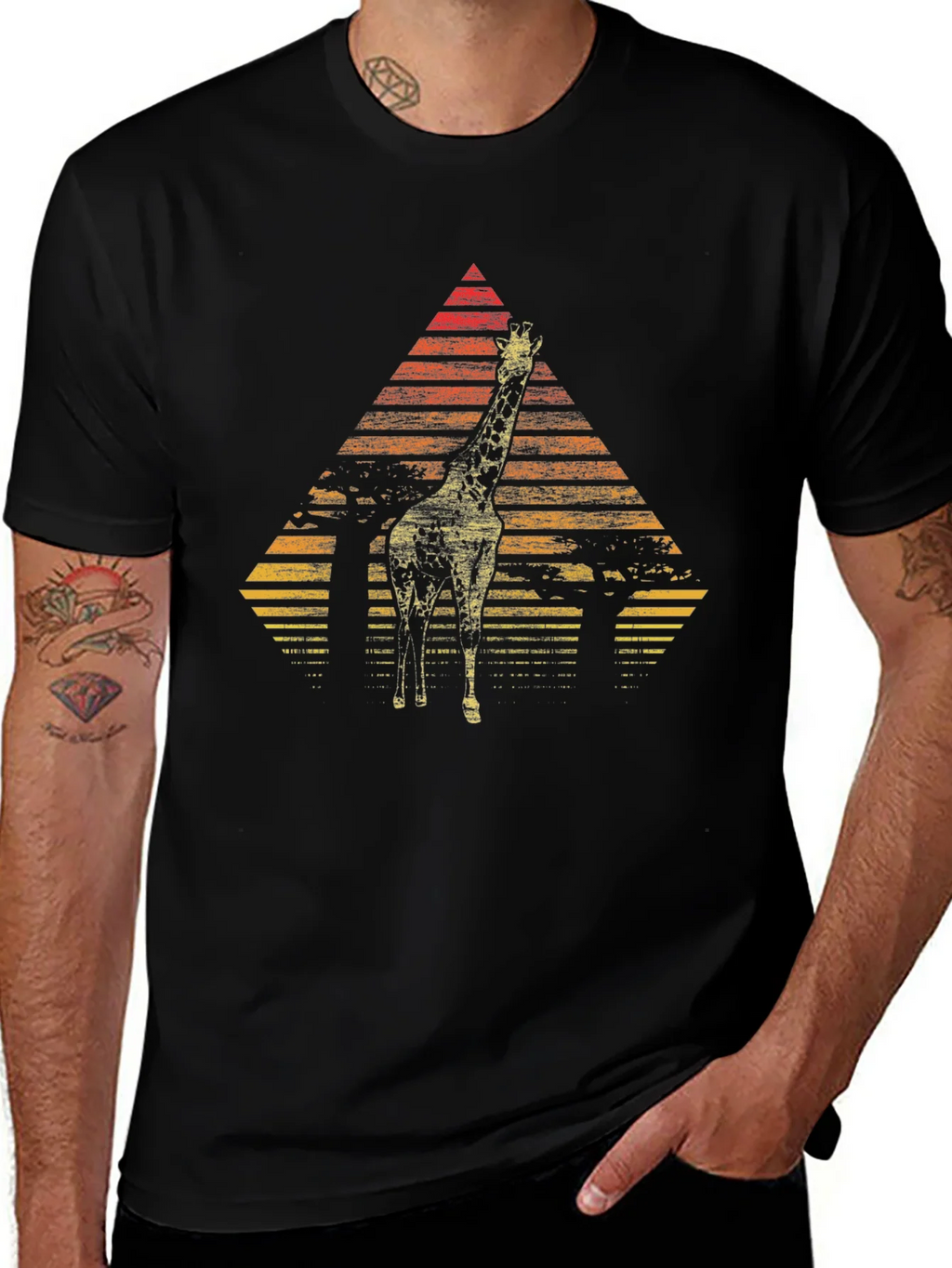Giraffe Sunset Graphic Tee - Stylish Mens Black T-Shirt product image 1