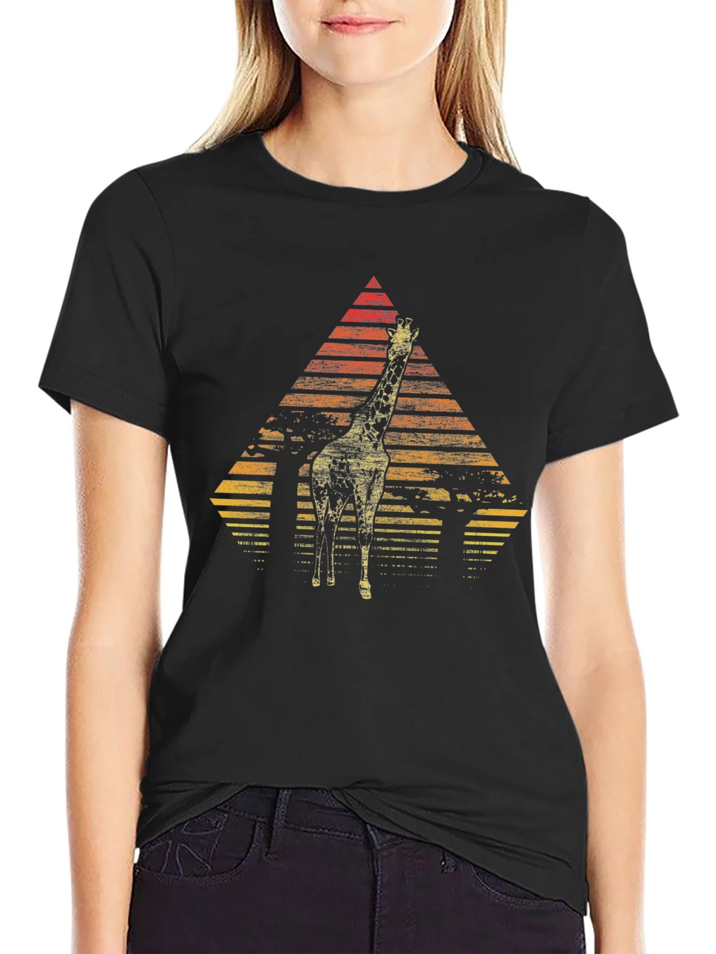 Giraffe Sunset Graphic Tee - Stylish Mens Black T-Shirt product image 2
