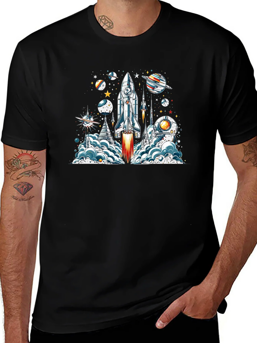 Space Launch T-Shirt - Rocket & Planets Graphic Tee product image 1