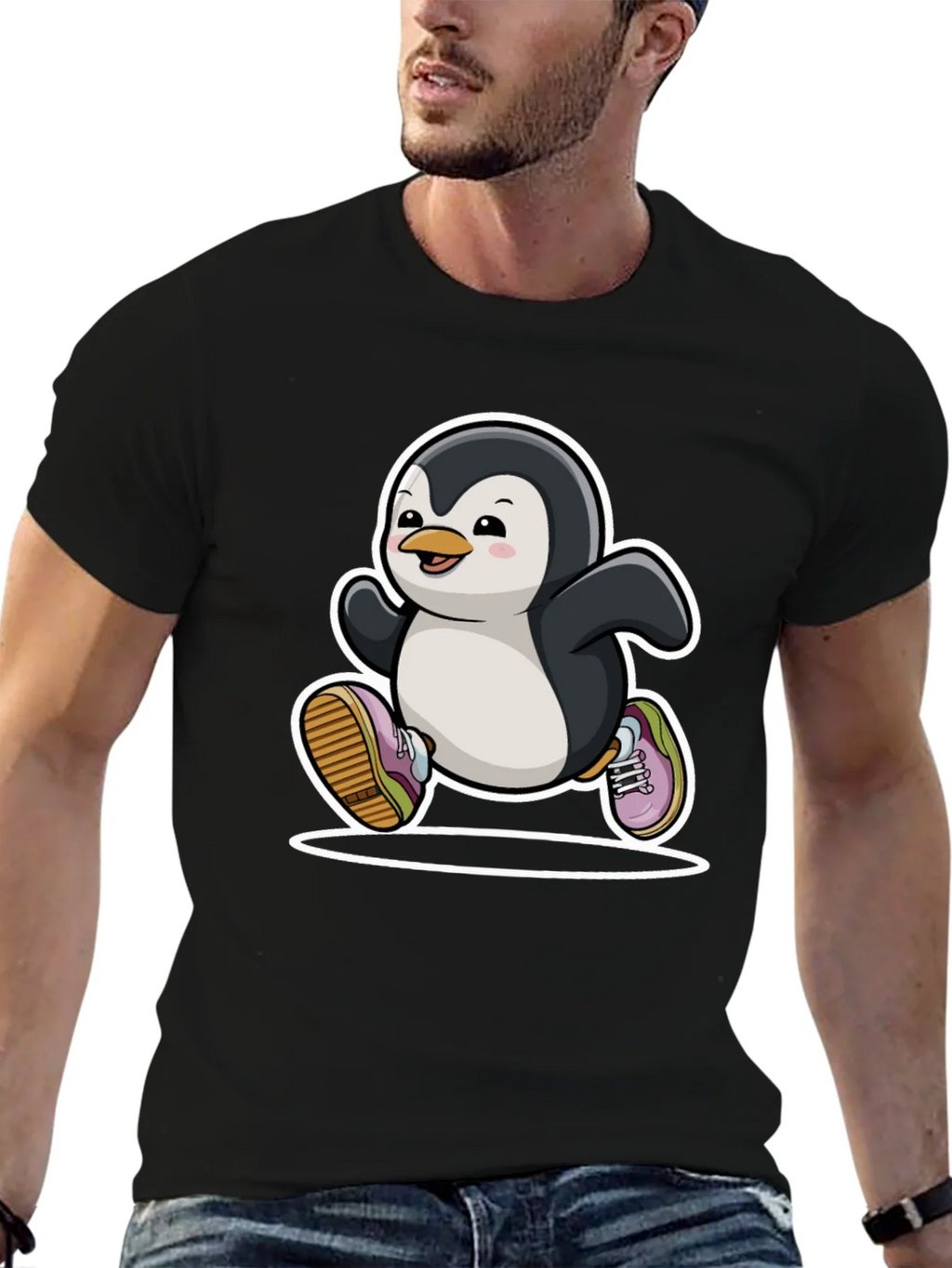 Running Penguin Graphic Tee - Black Cotton Casual Shirt product image 6