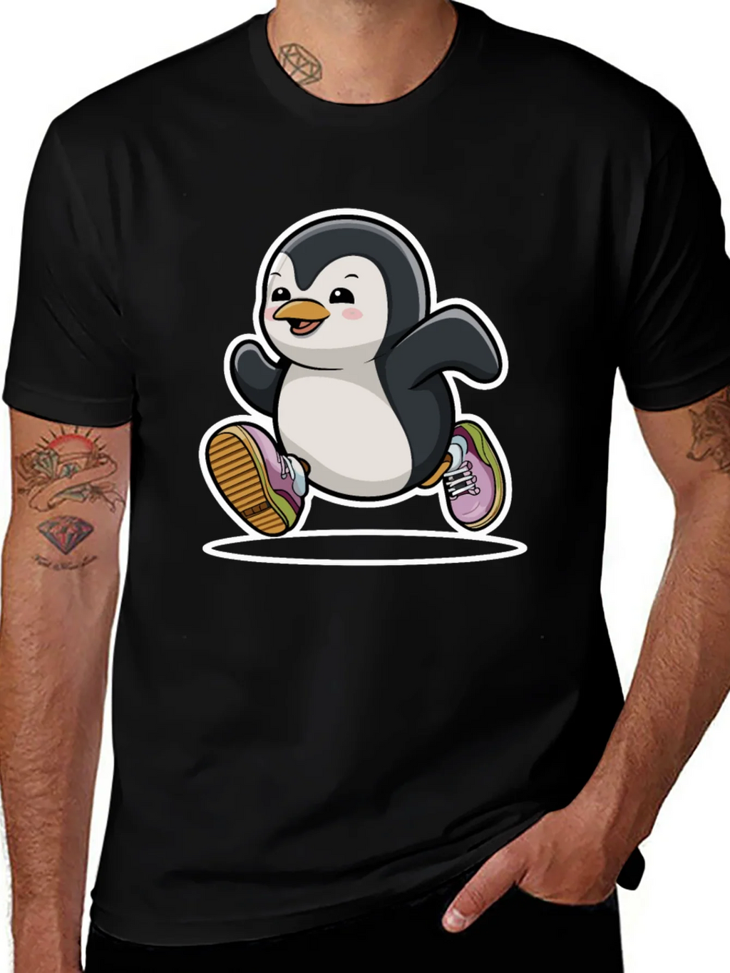Running Penguin Graphic Tee - Black Cotton Casual Shirt product image 1