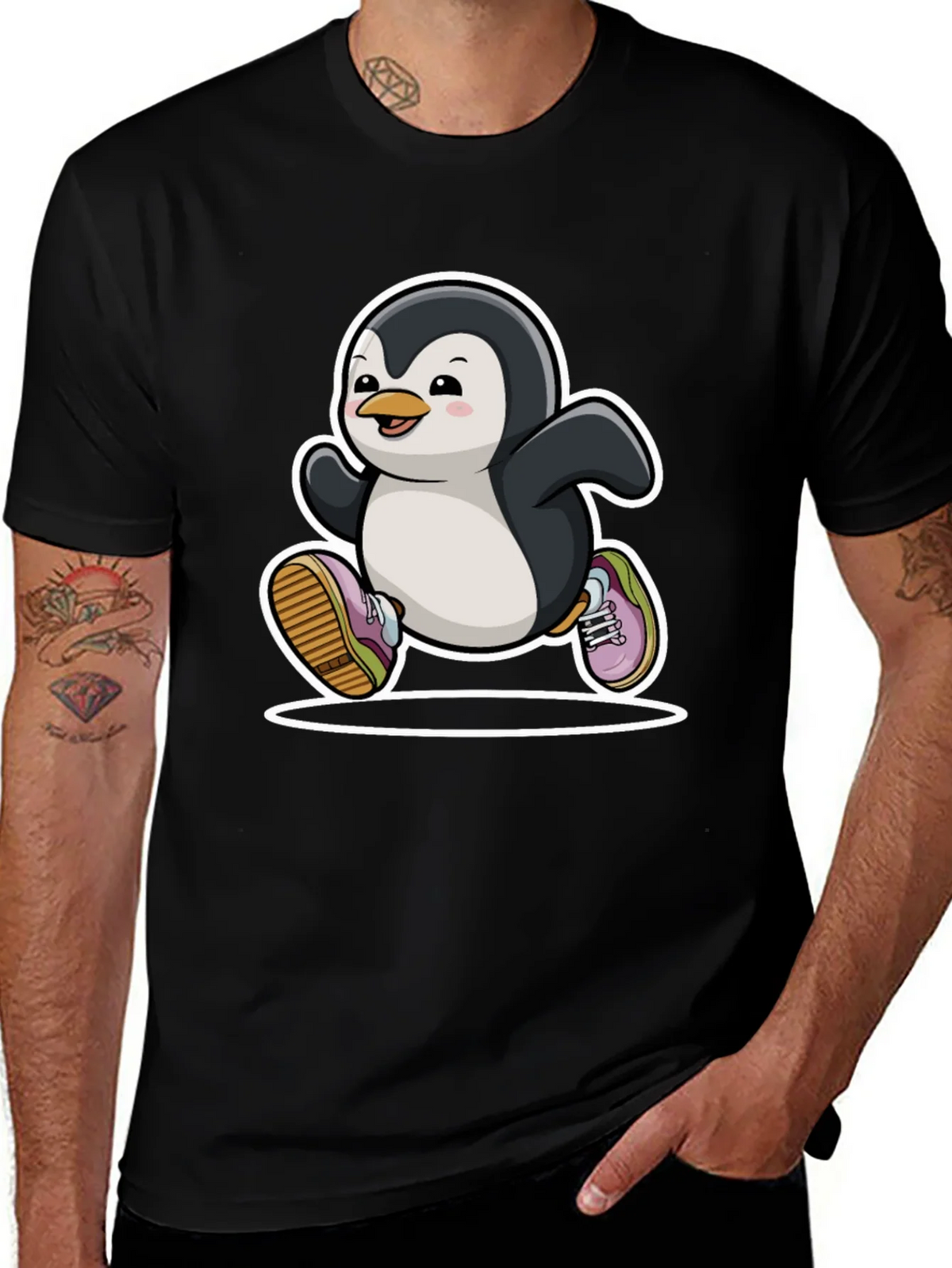 Running Penguin Graphic Tee - Black Cotton Casual Shirt product image 1