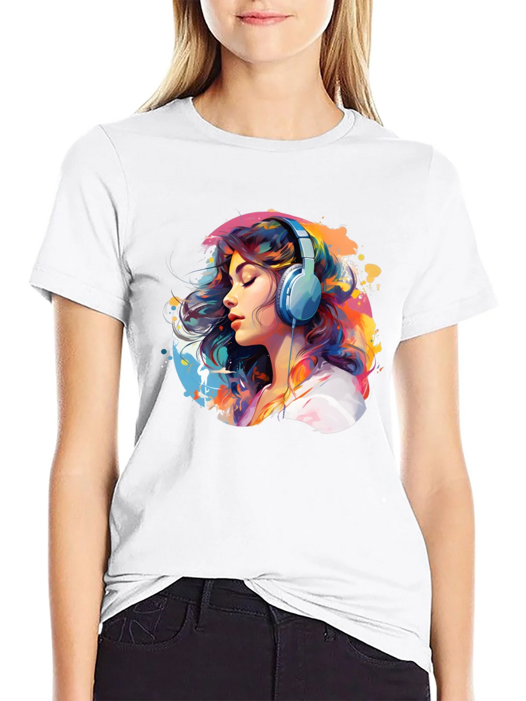 Colorful Woman with Headphones Graphic Tee product image 8