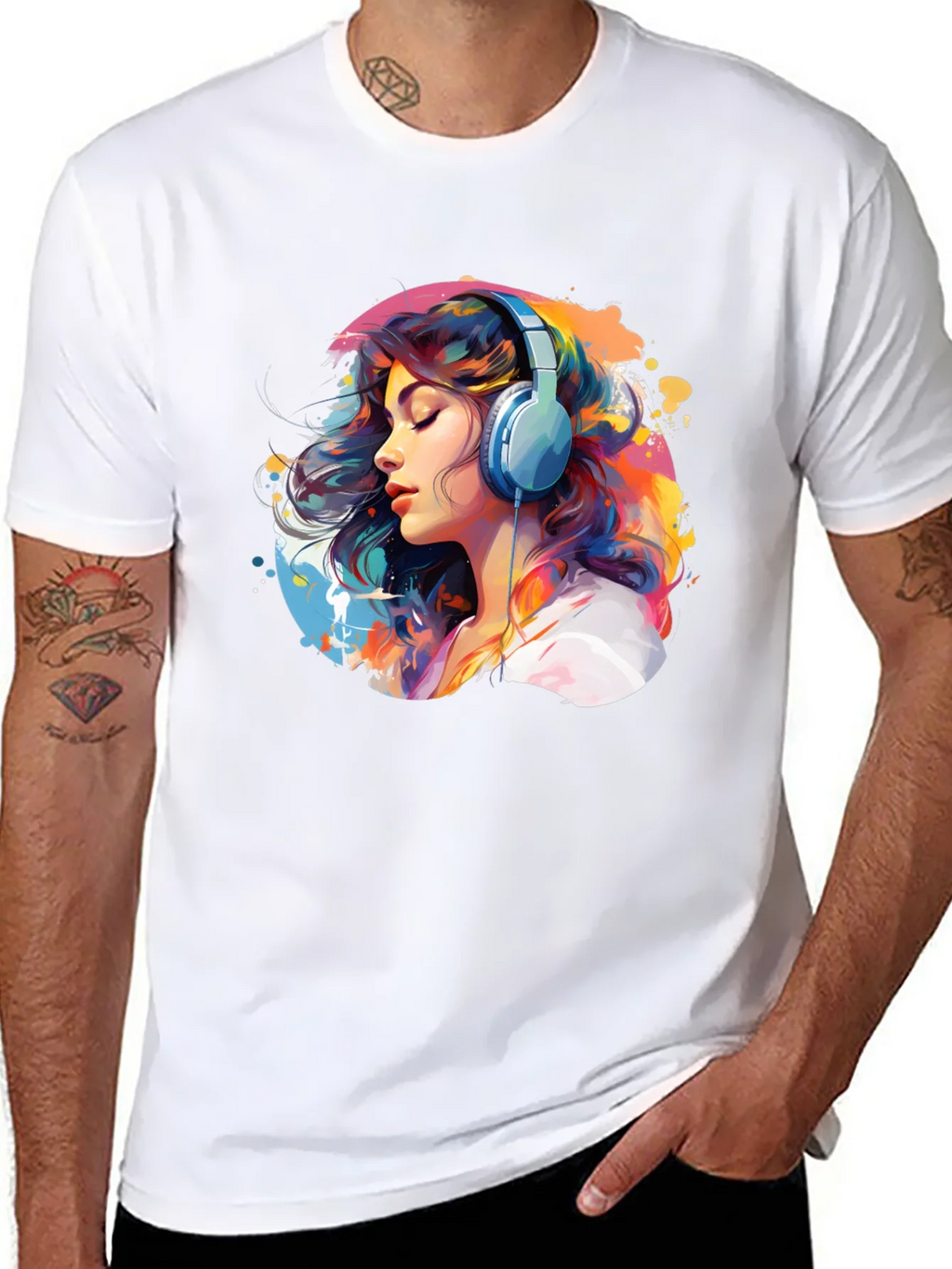 Colorful Woman with Headphones Graphic Tee product image 7
