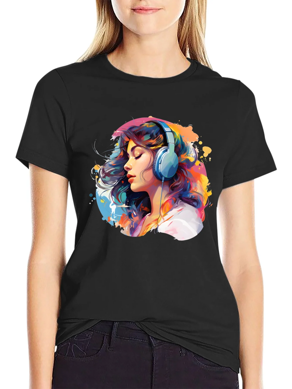 Colorful Woman with Headphones Graphic Tee product image 2