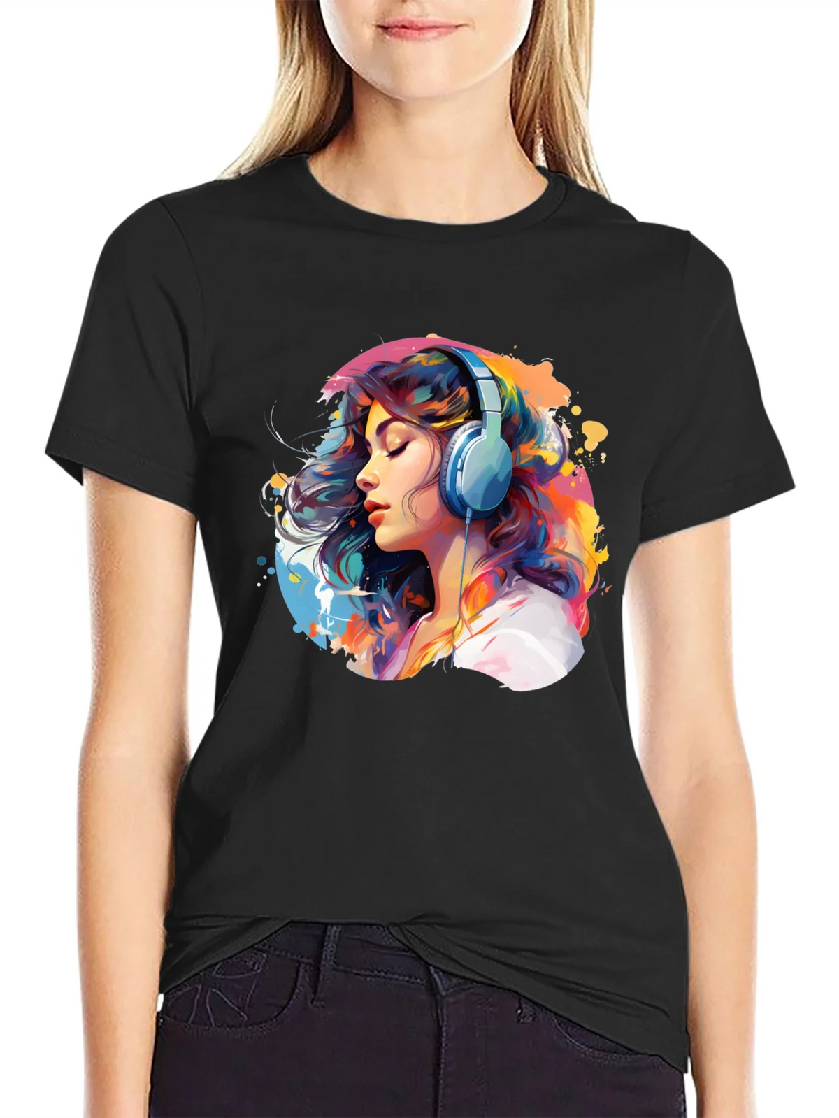 Colorful Woman with Headphones Graphic Tee product image 2