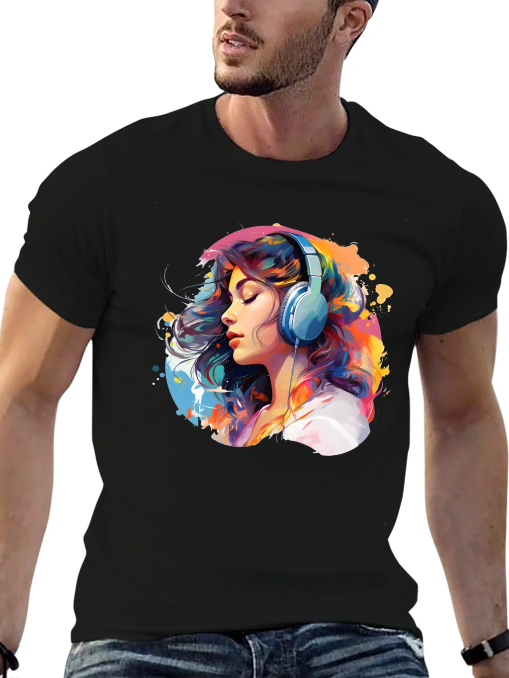 Colorful Woman with Headphones Graphic Tee product image 6