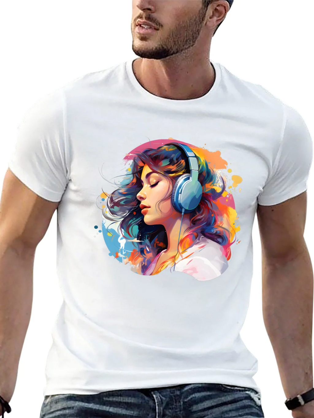 Colorful Woman with Headphones Graphic Tee product image 12