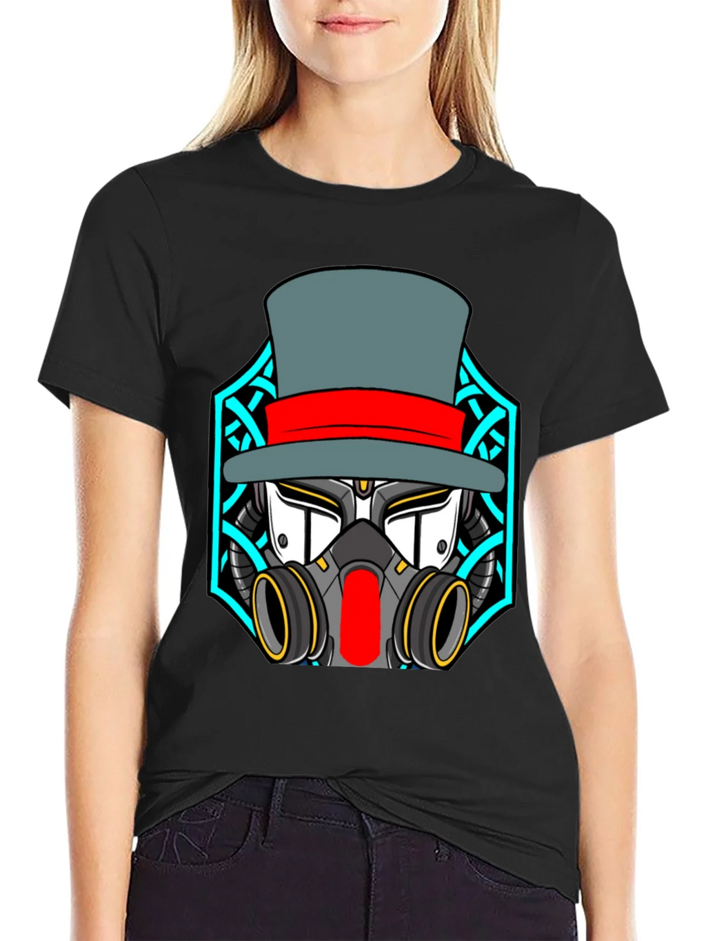 Steampunk Robot Top Hat Graphic Black T-Shirt