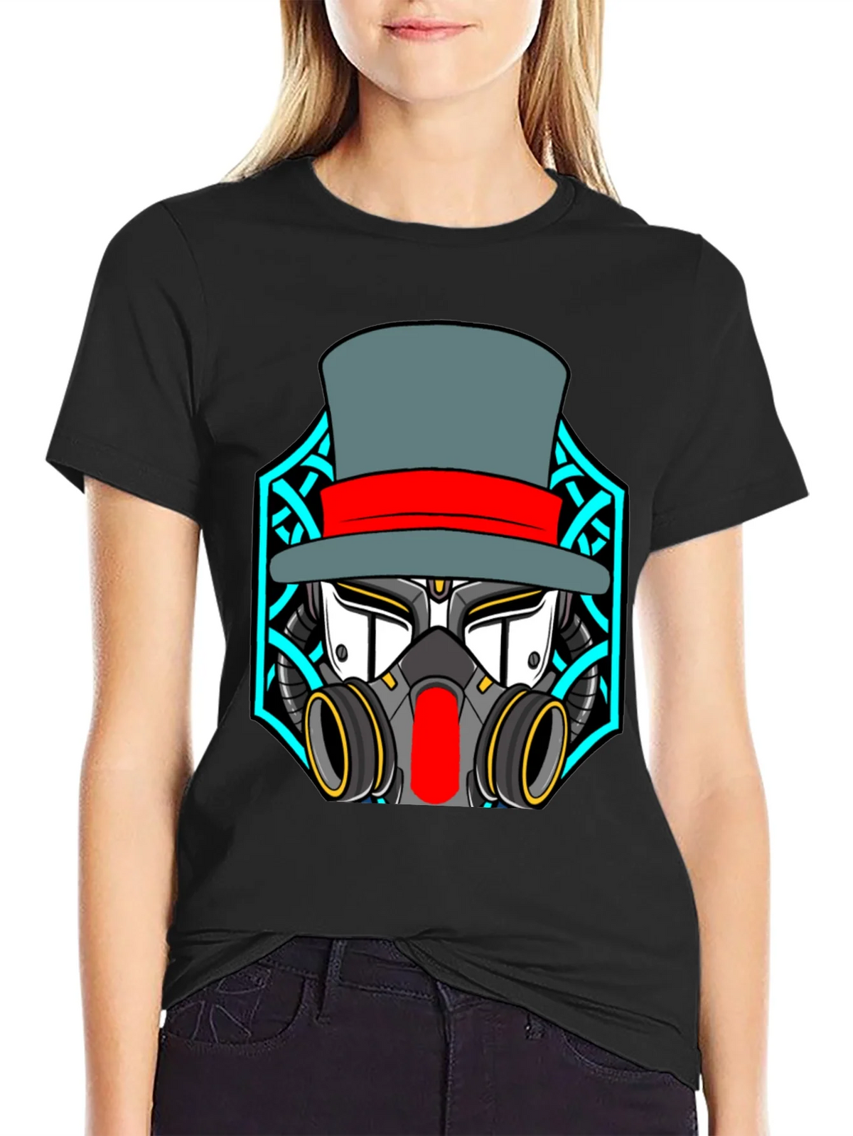 Steampunk Robot Top Hat Graphic Black T-Shirt