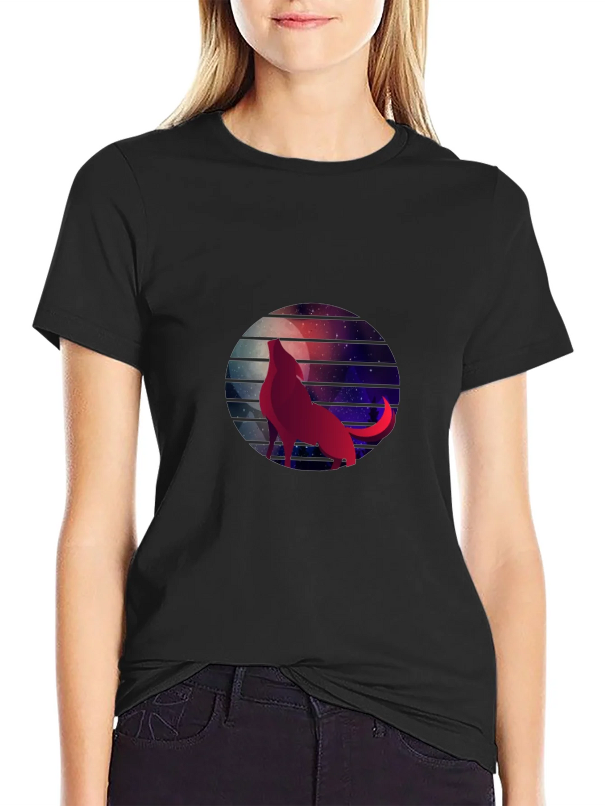 Wolf Moon Galaxy Graphic Tee - Black Cotton T-Shirt product image 2