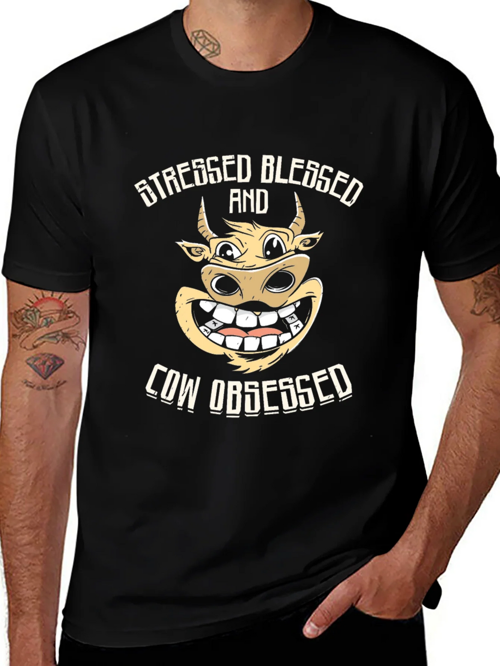 Stressed Blessed Cow Obsessed Black T-Shirt product image 1