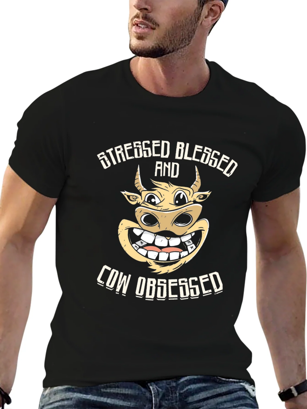 Stressed Blessed Cow Obsessed Black T-Shirt product image 6