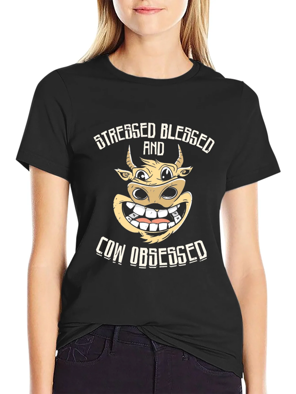 Stressed Blessed Cow Obsessed Black T-Shirt product image 2