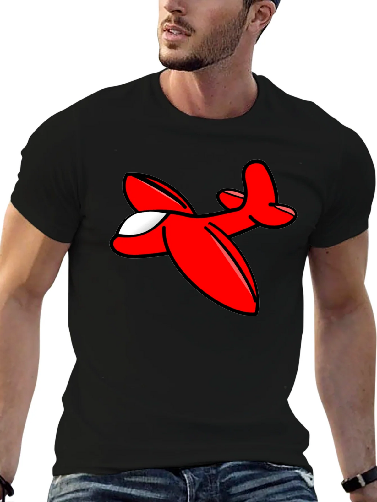 Cartoon Airplane Graphic Tee - Black Cotton T-Shirt product image 6