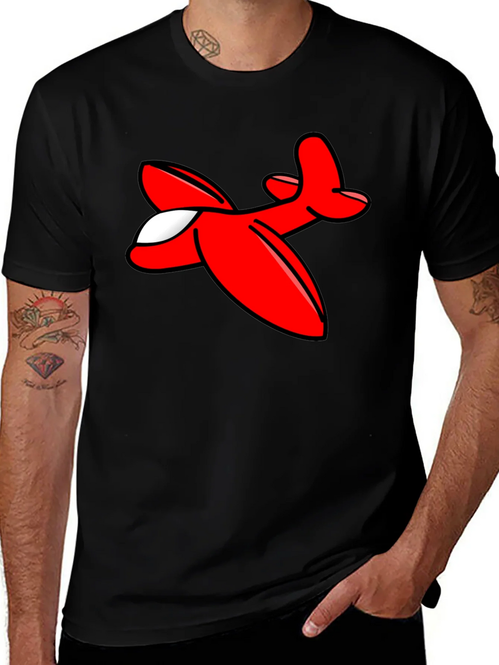 Cartoon Airplane Graphic Tee - Black Cotton T-Shirt product image 1