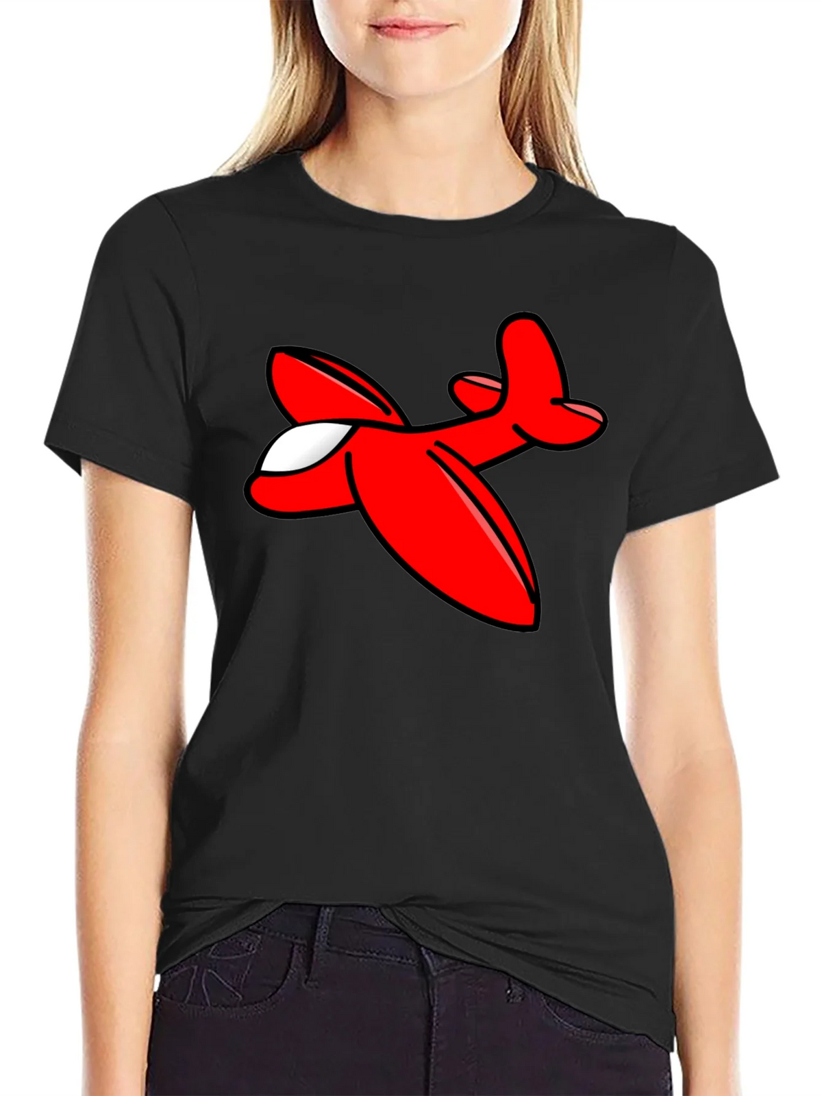 Cartoon Airplane Graphic Tee - Black Cotton T-Shirt product image 2
