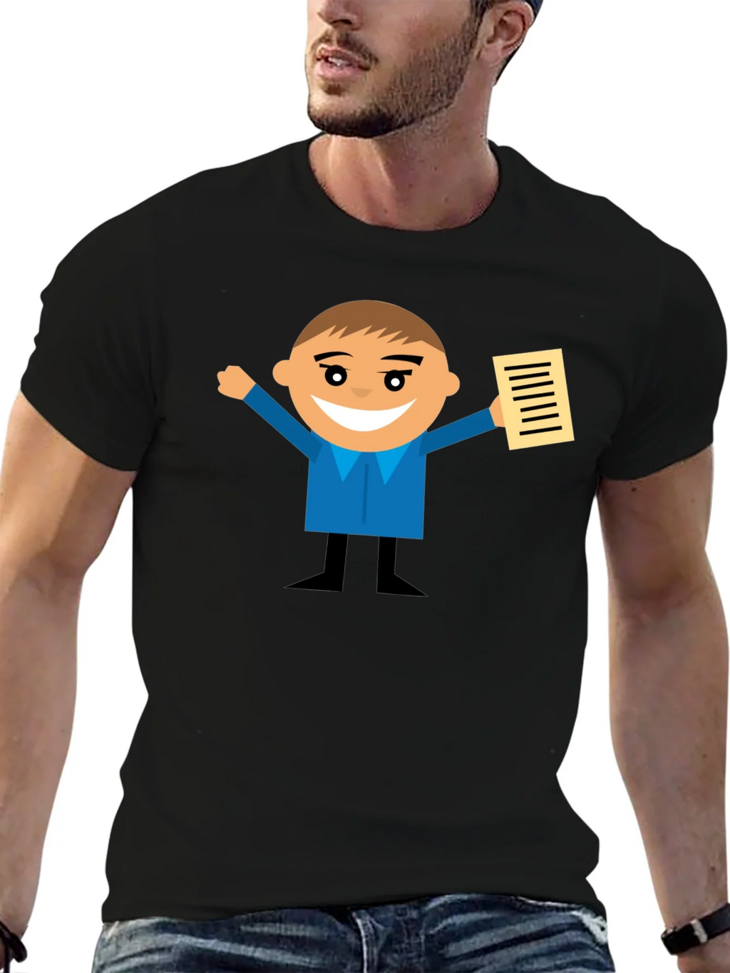 Cartoon Man Holding Document Black T-Shirt product image 6