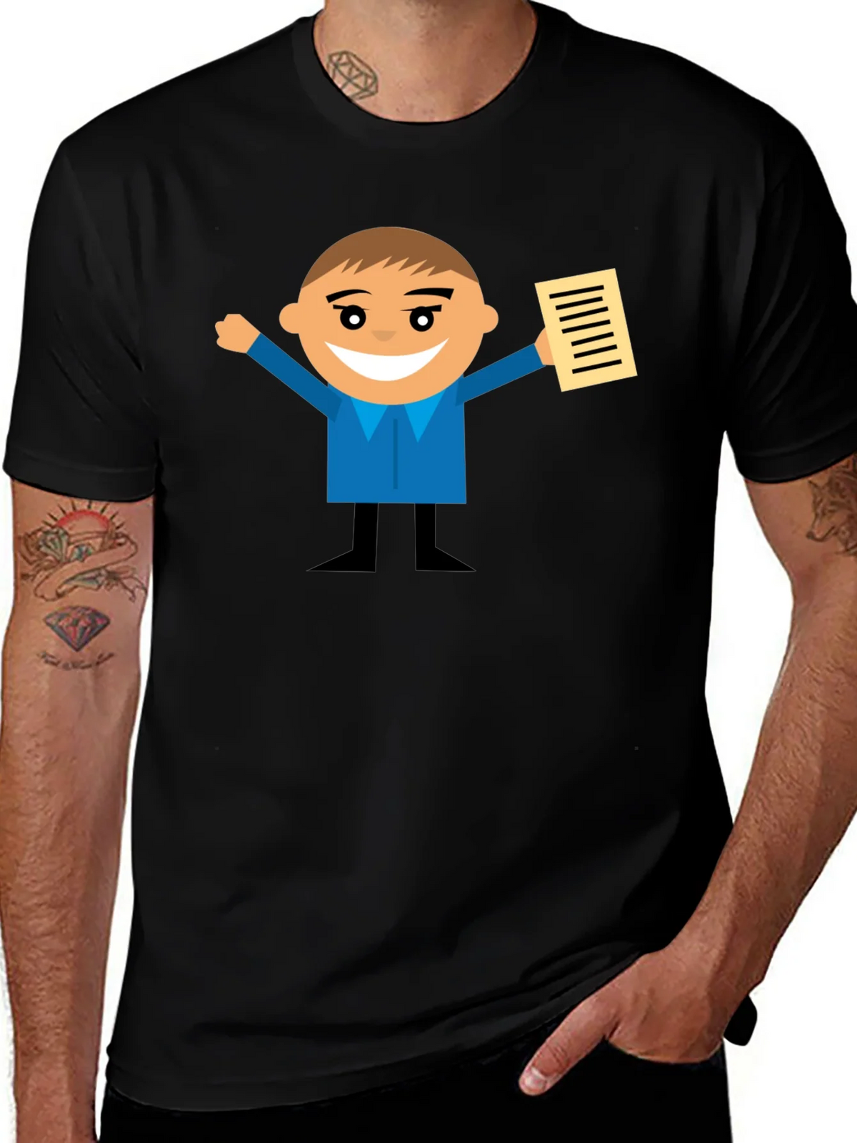 Cartoon Man Holding Document Black T-Shirt product image 1