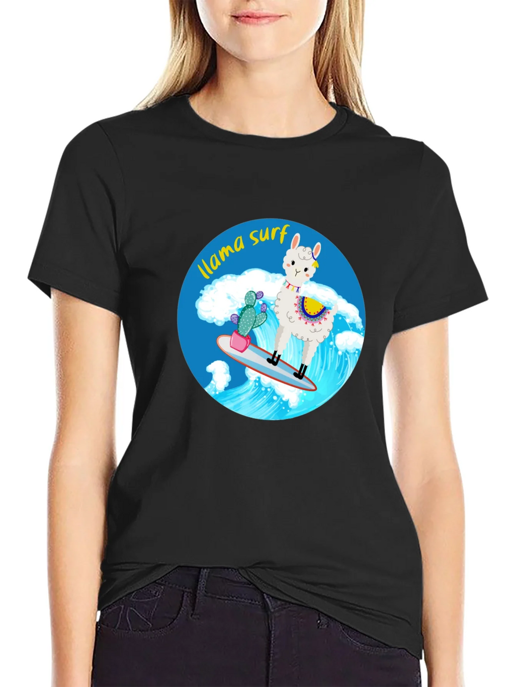 Llama Surf Graphic Tee - Black Cotton T-Shirt product image 2