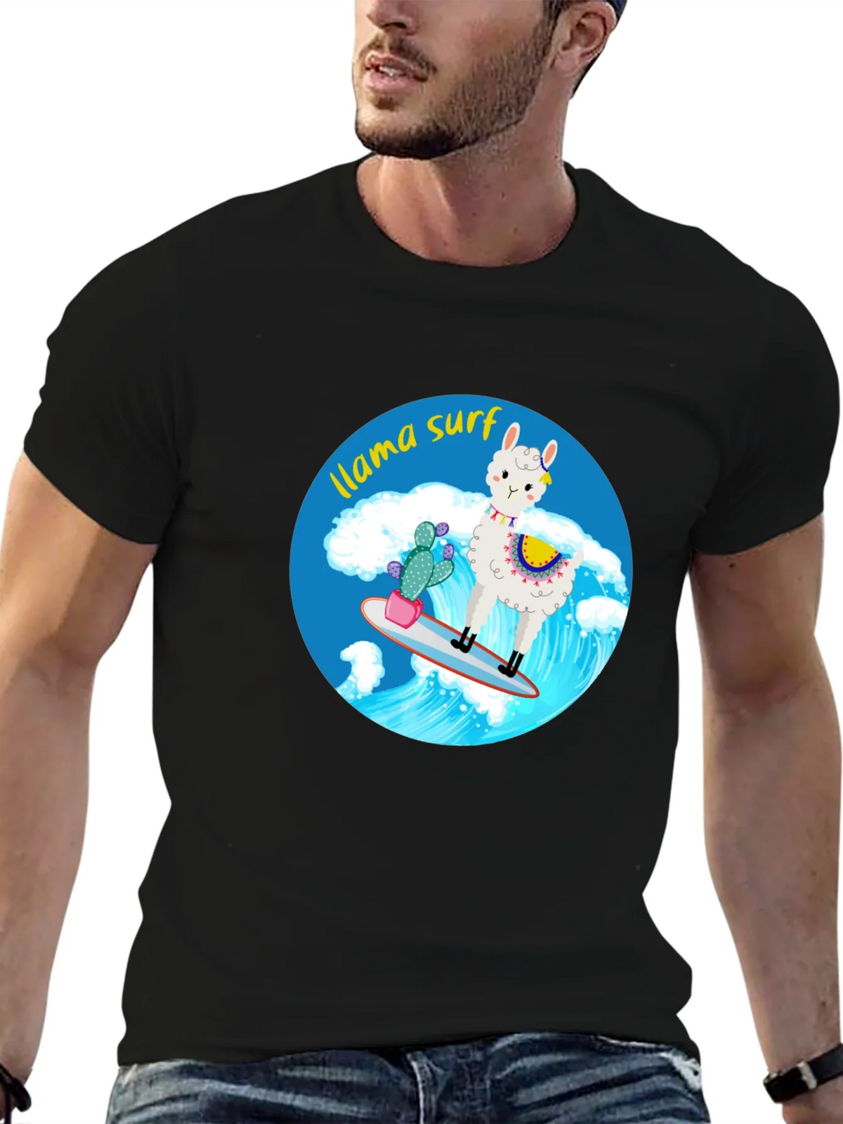 Llama Surf Graphic Tee - Black Cotton T-Shirt product image 6