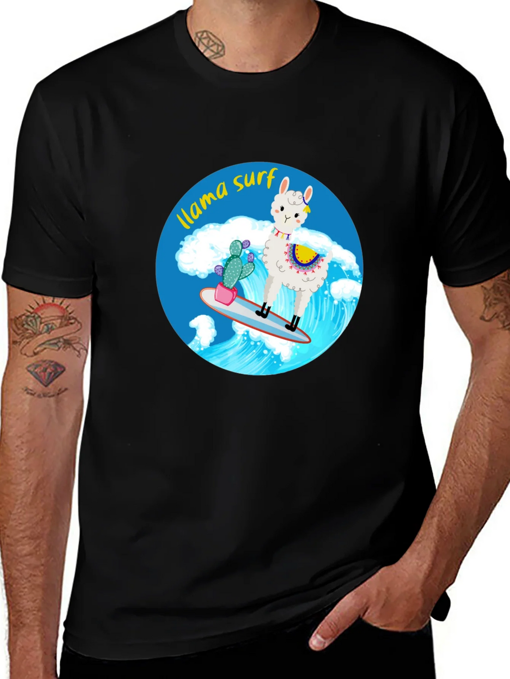 Llama Surf Graphic Tee - Black Cotton T-Shirt product image 1