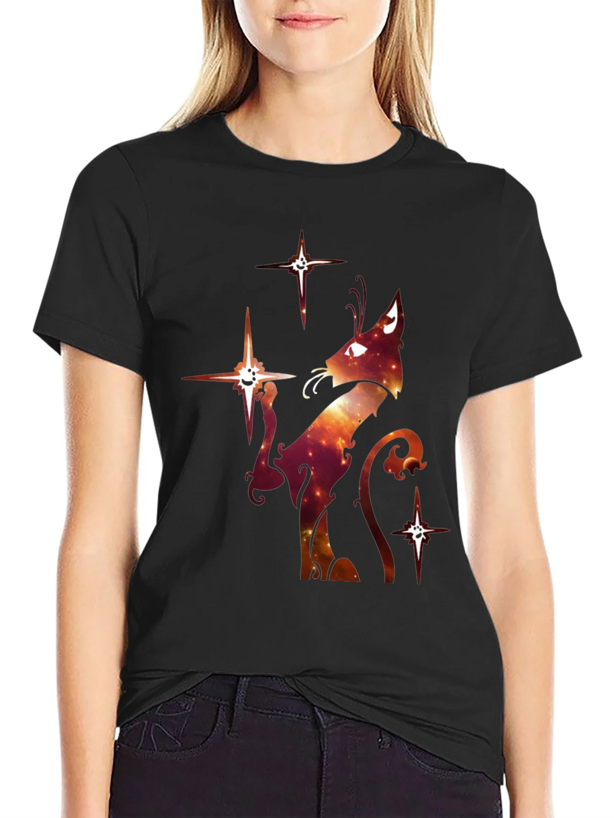 Celestial Cat Graphic T-Shirt - Black Cotton Blend product image 2