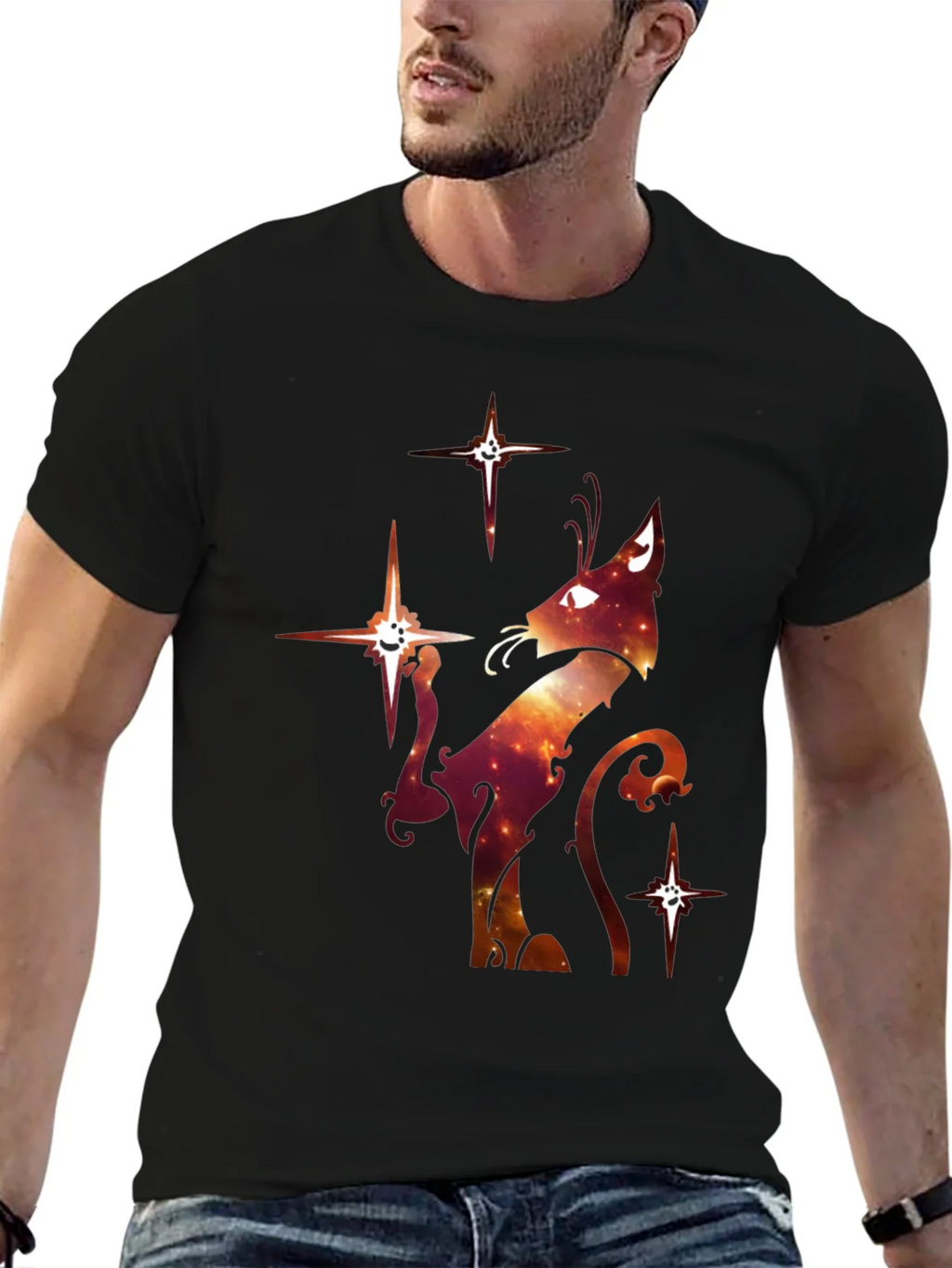 Celestial Cat Graphic T-Shirt - Black Cotton Blend product image 6