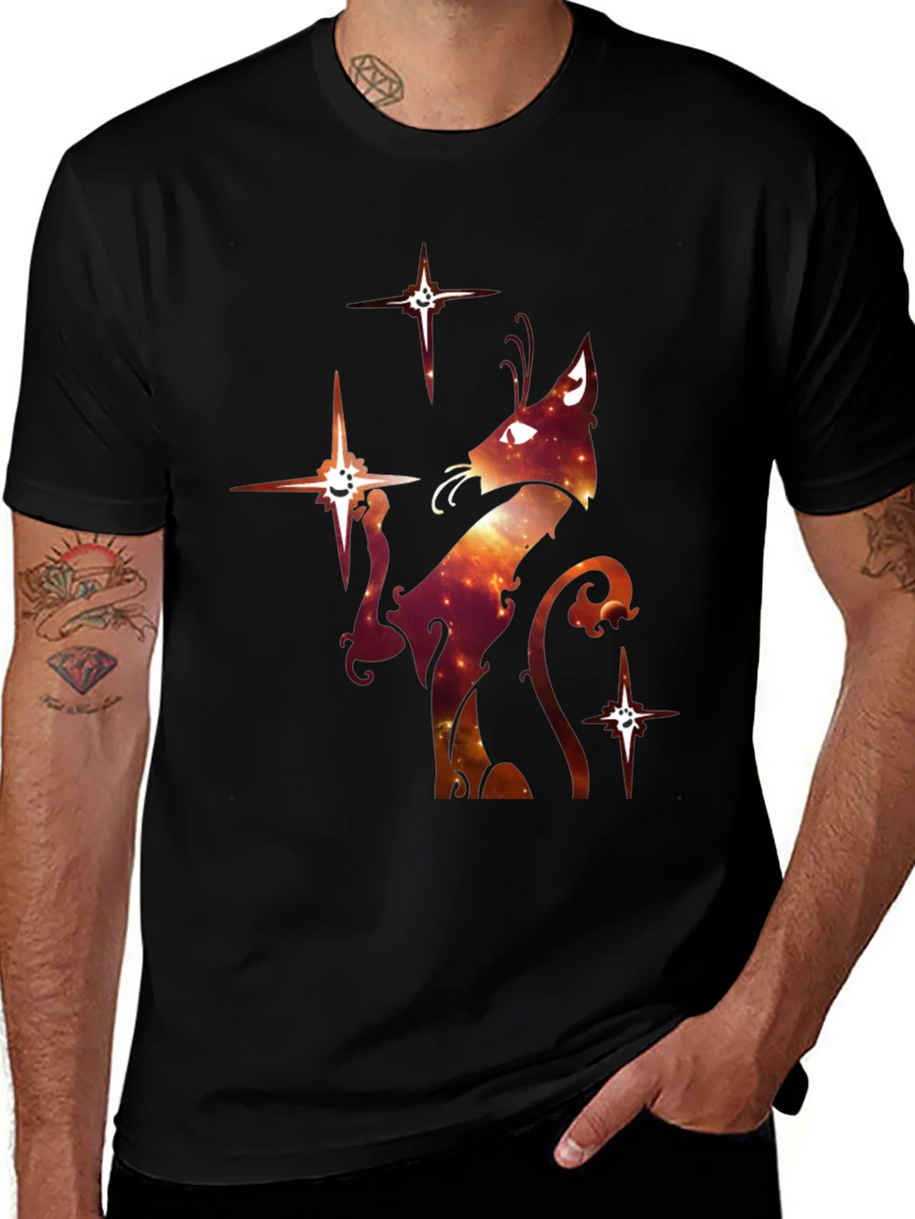 Celestial Cat Graphic T-Shirt - Black Cotton Blend product image 1