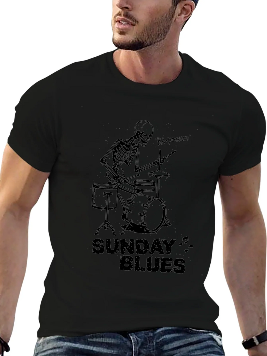 Sunday Blues Skeleton Drummer Black T-Shirt product image 5