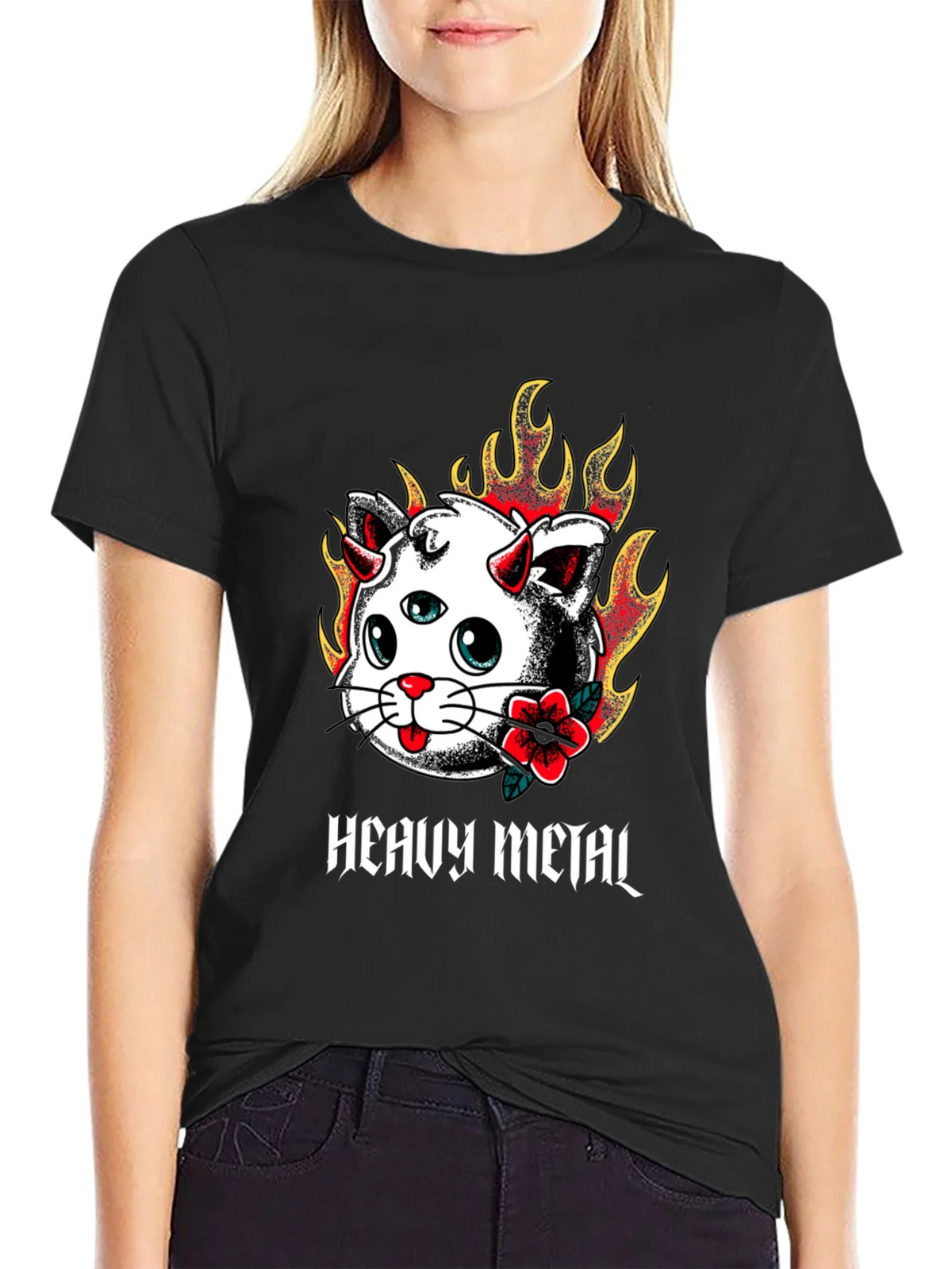 Heavy Metal Cat Tee - Fiery 3-Eyed Devil Kitty Shirt product image 2