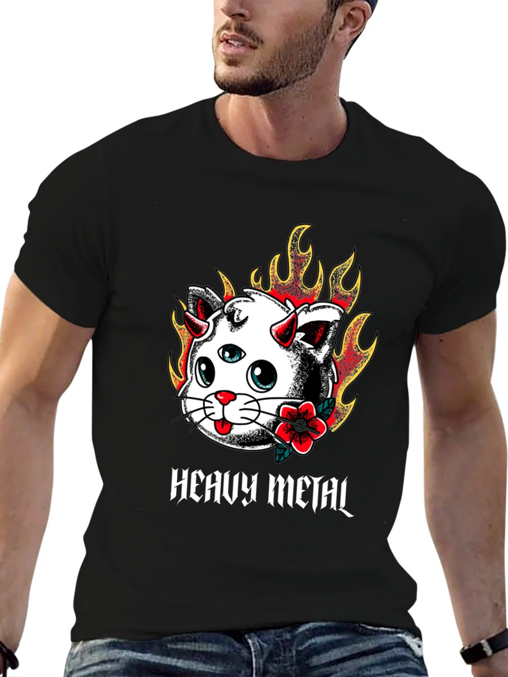 Heavy Metal Cat Tee - Fiery 3-Eyed Devil Kitty Shirt product image 6