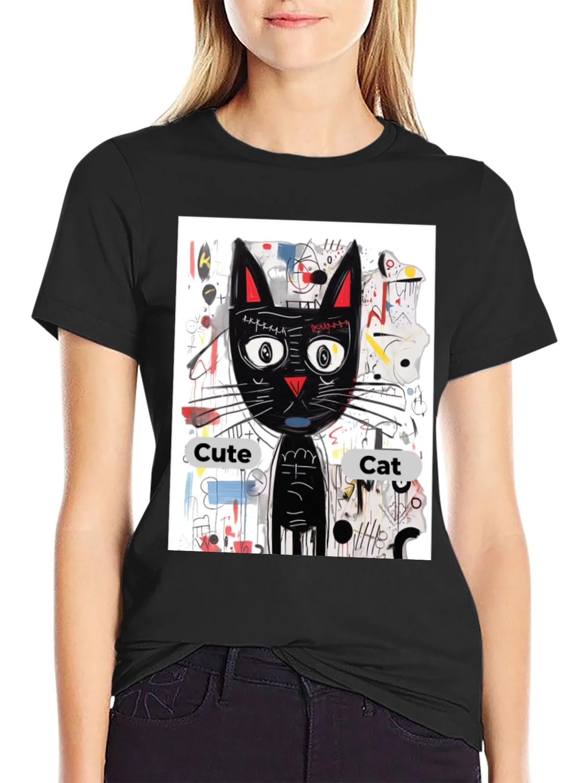 Cool Cat Graphic Tee - Artistic Black Shirt product image 2