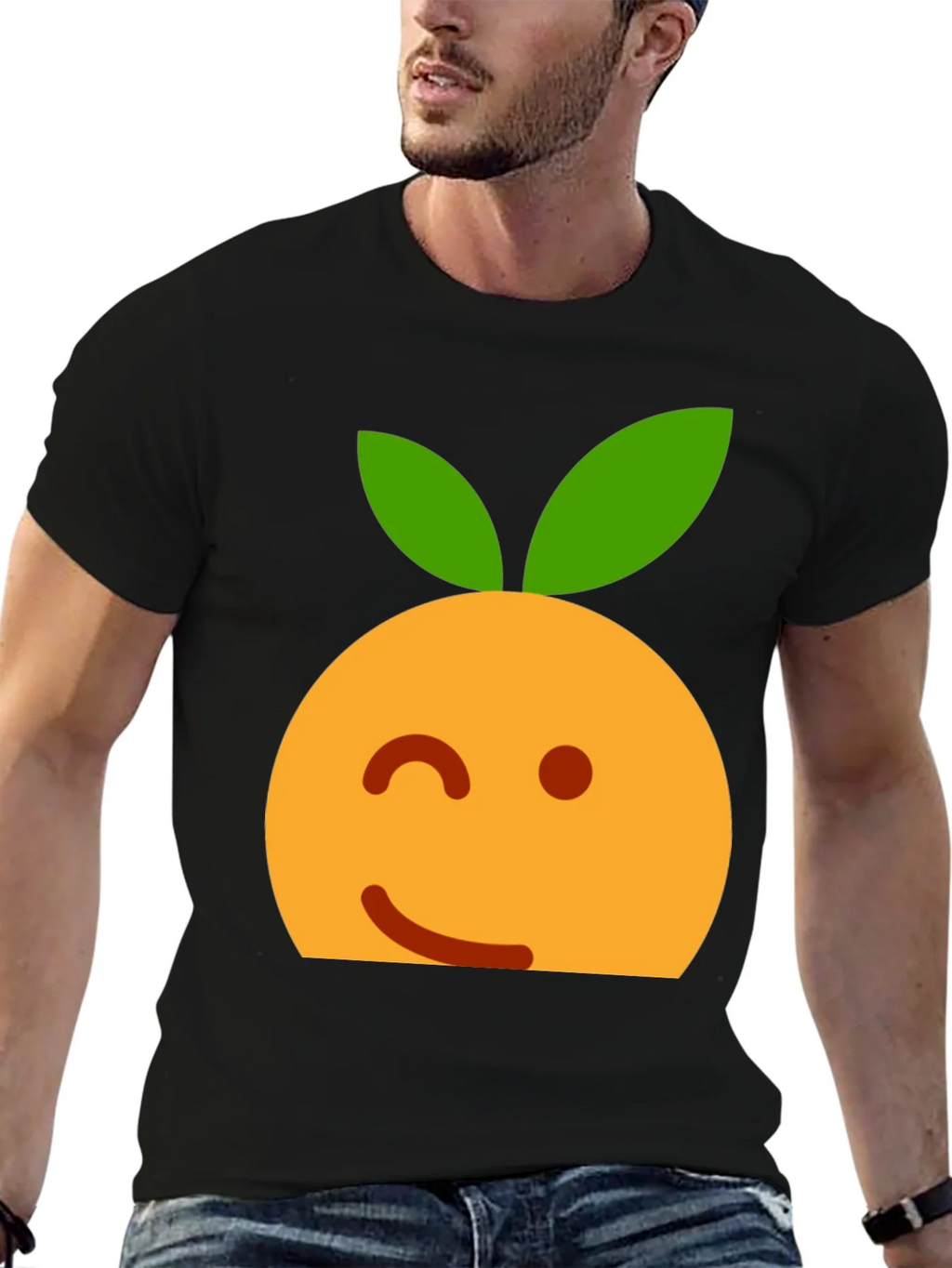 Winking Orange Emoji Black T-Shirt product image 3