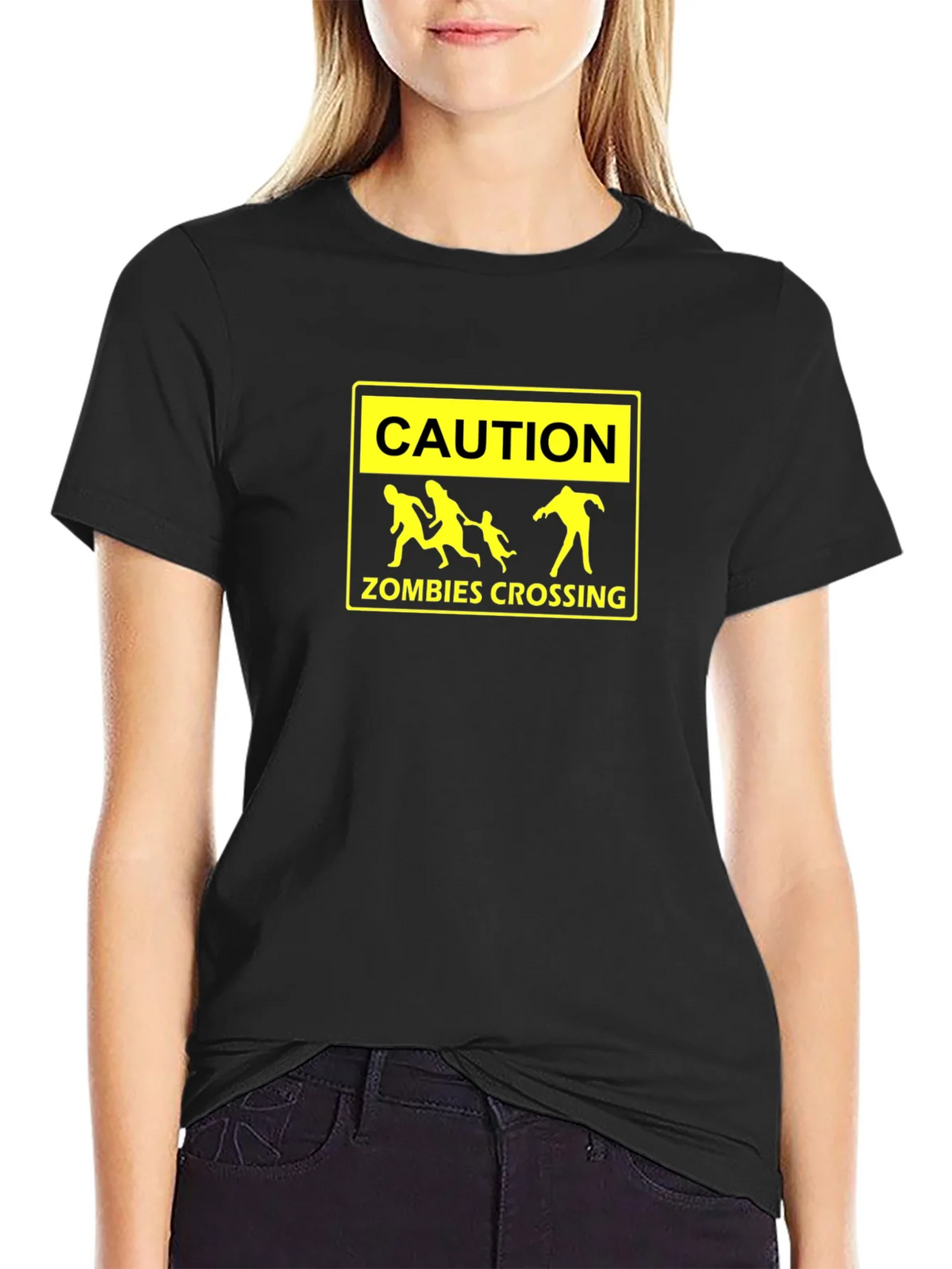 Caution Zombies Crossing Black Graphic Tee product image 2