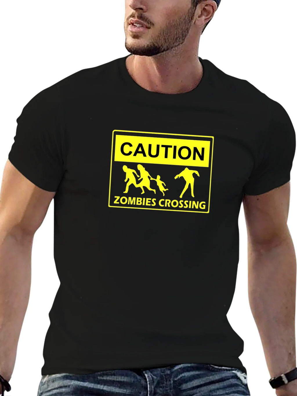 Caution Zombies Crossing Black Graphic Tee product image 6