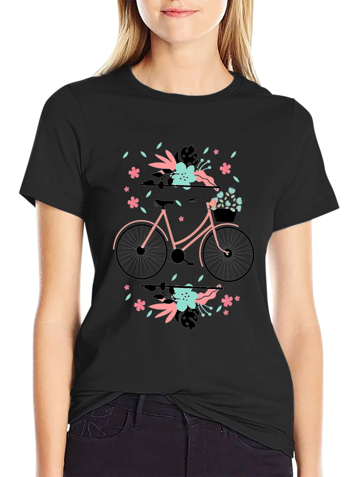 Floral Bicycle Graphic Tee - Black Cotton T-Shirt product image 2