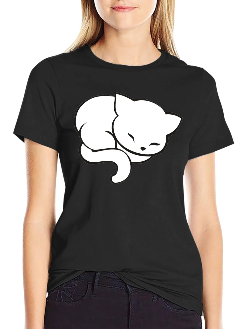 Cute Sleeping Cat Graphic Tee - Black Cotton Blend product image 2