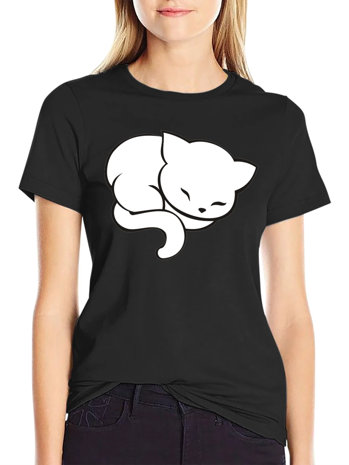 Cute Sleeping Cat Graphic Tee - Black Cotton Blend product image 2
