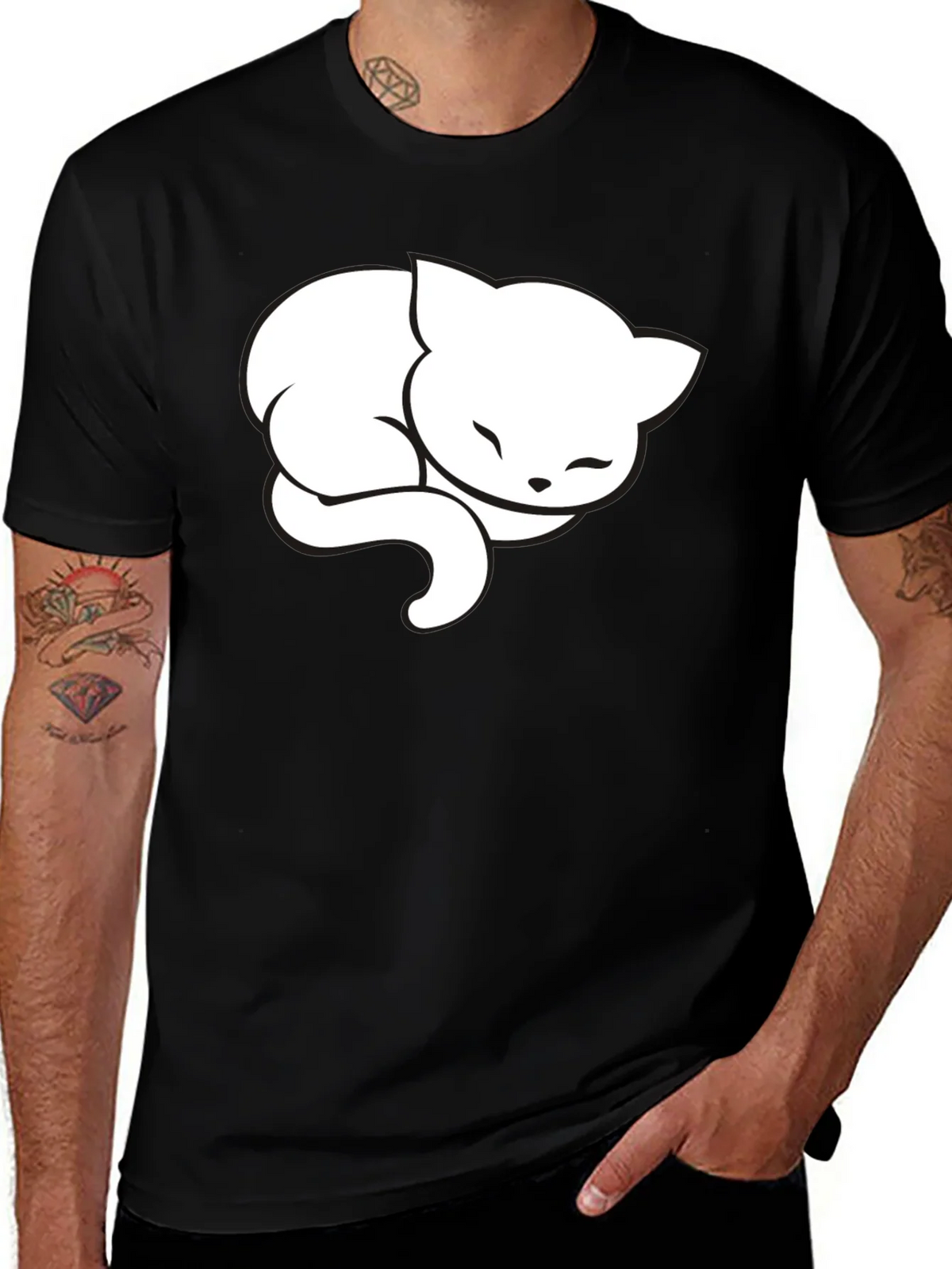Cute Sleeping Cat Graphic Tee - Black Cotton Blend product image 1