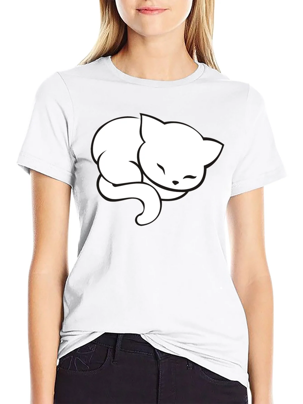 Cute Sleeping Cat Graphic Tee - Black Cotton Blend product image 8