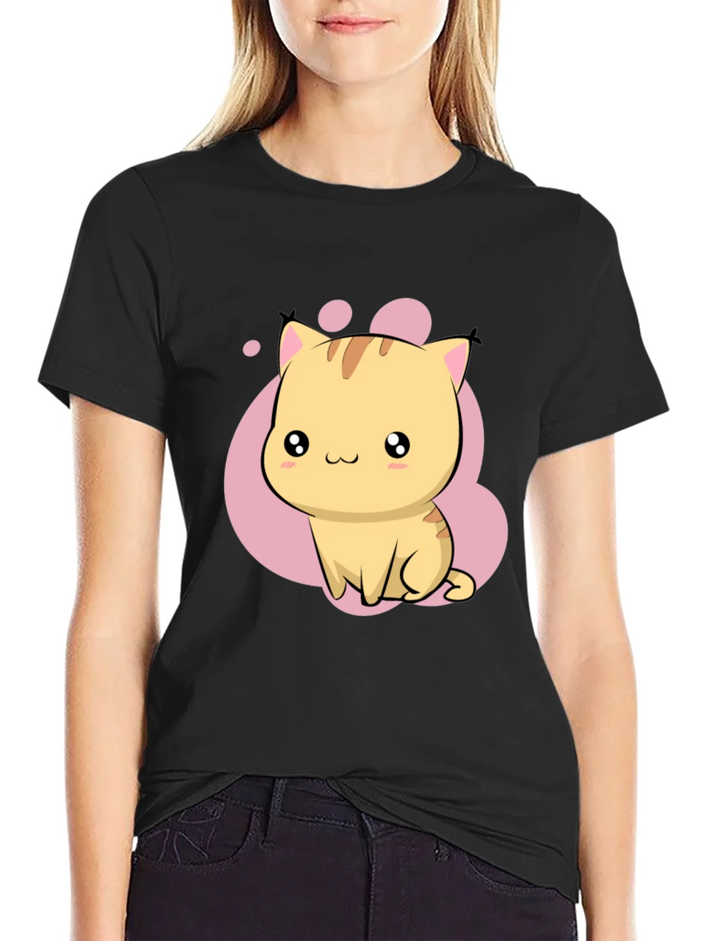 Cute Kawaii Cat Graphic Black T-Shirt product image 2