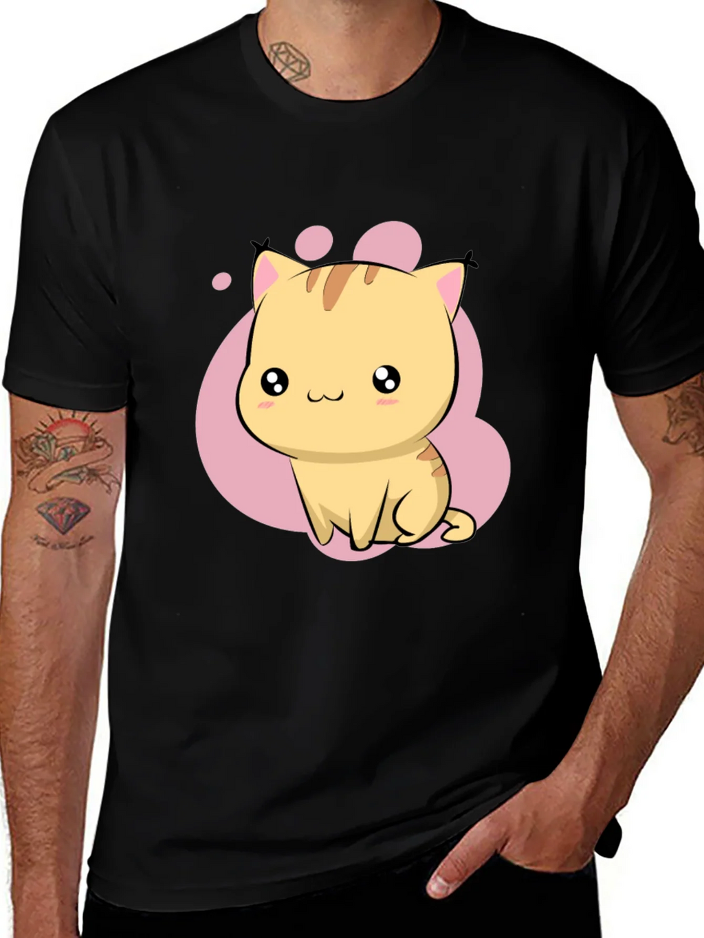 Cute Kawaii Cat Graphic Black T-Shirt product image 1