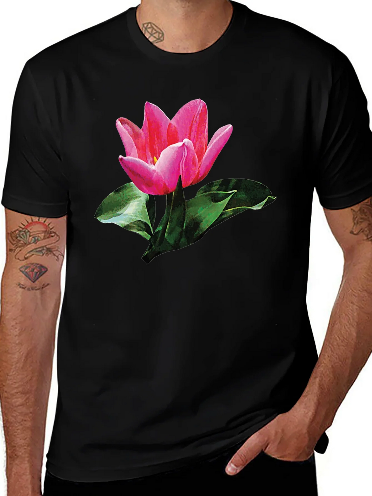 Pink Tulip Graphic Print Black T-Shirt product image 1