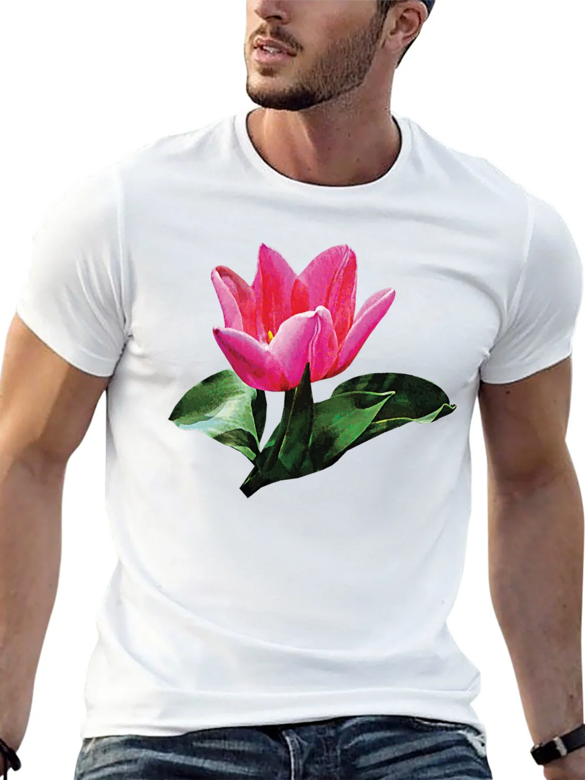Pink Tulip Graphic Print Black T-Shirt product image 12