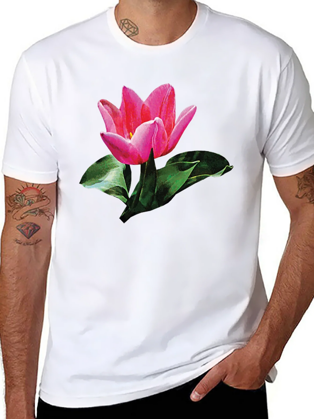 Pink Tulip Graphic Print Black T-Shirt product image 7